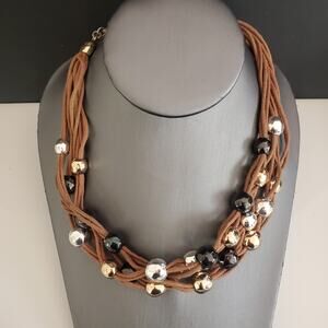 Brown Multi Strand Cord‎ Statement Necklace Mixed Metal Silver Gold Black Beads